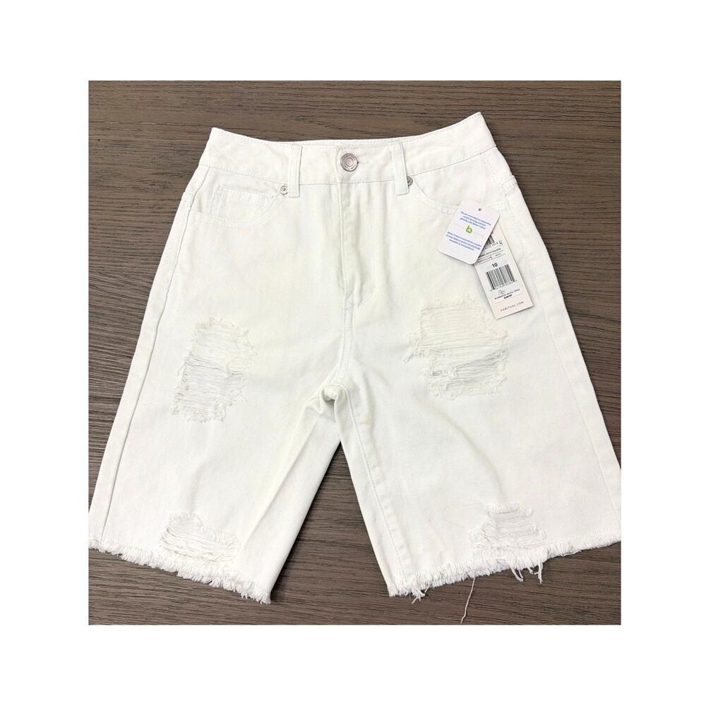 Habitual Girls Distressed Denim Bermuda Shorts White Size 10 NWT Raw Hem Stretch